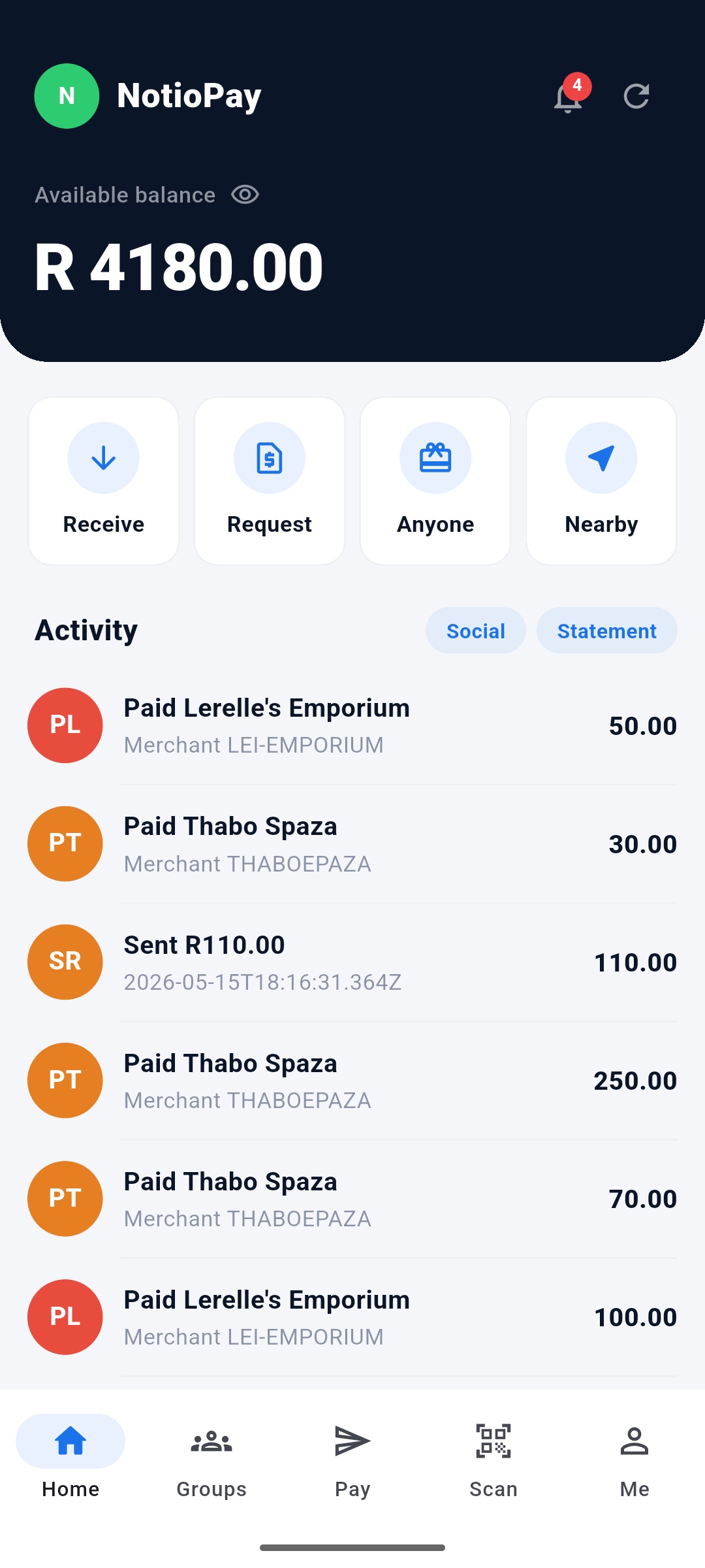 NotioPay user app dashboard showing wallet balance, quick actions, and activity